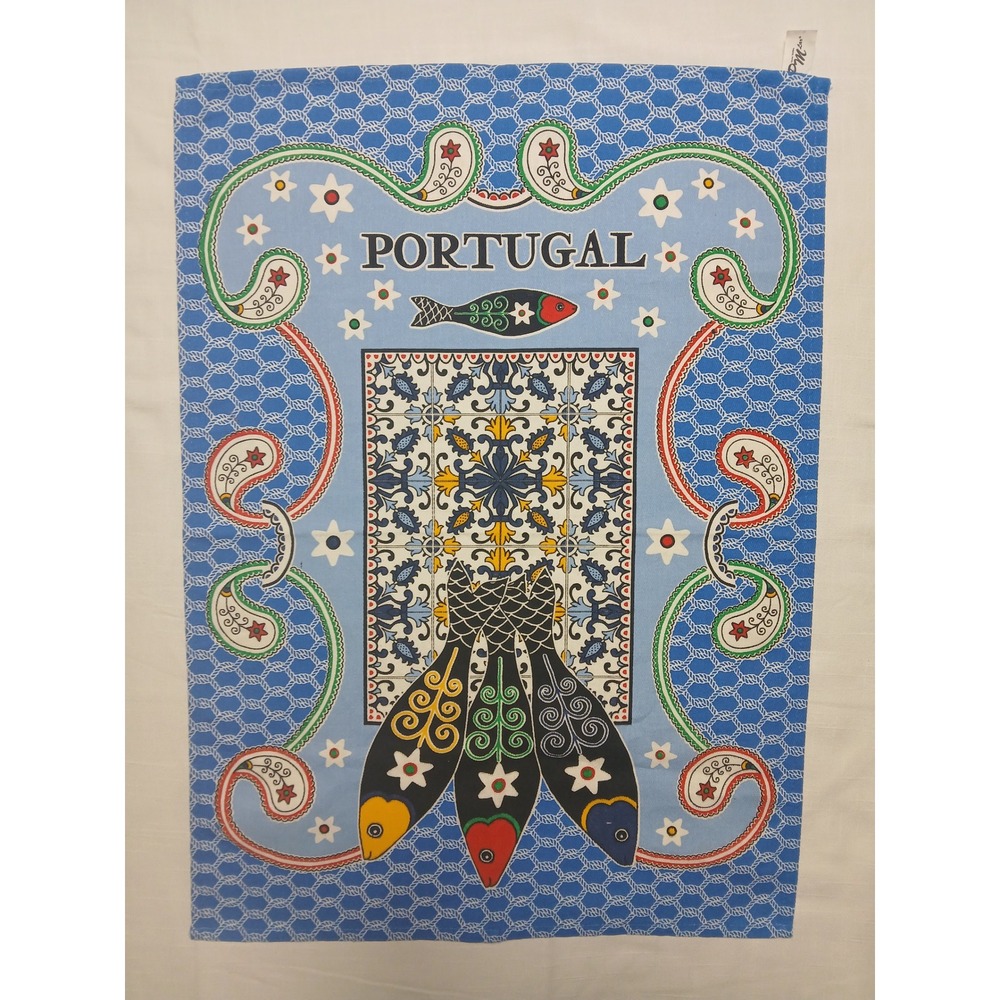 PM Lar Portugal Cotton Tea Towel Blue Sardine Tile Print Kitchen Dish Cloth
